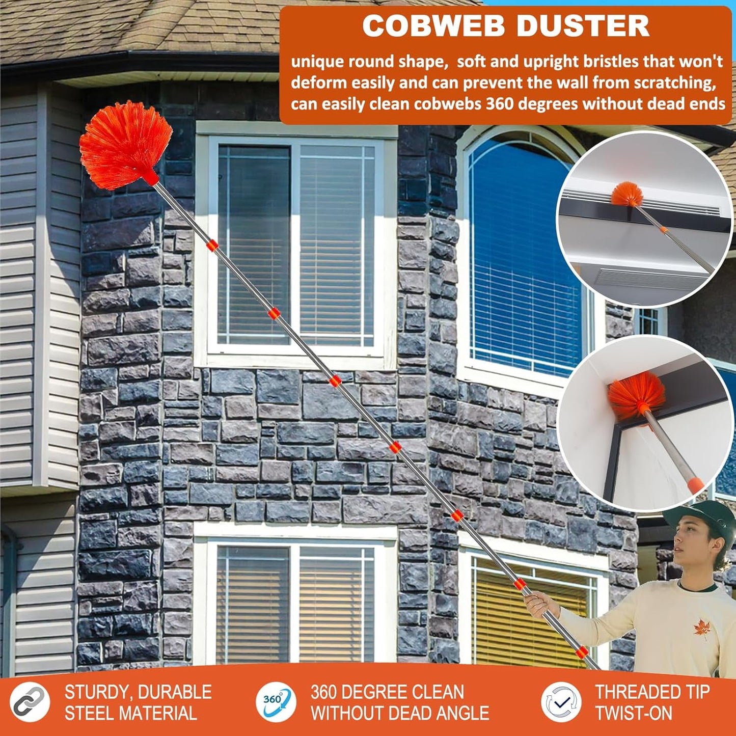 Clnez 20+ Foot Reach High Ceiling Duster Kit & Window Cleaning Kit | 3-14 ft Telescopic Pole with Window Washer, Squeegee, Cobweb, Fan, and Feather Dusters