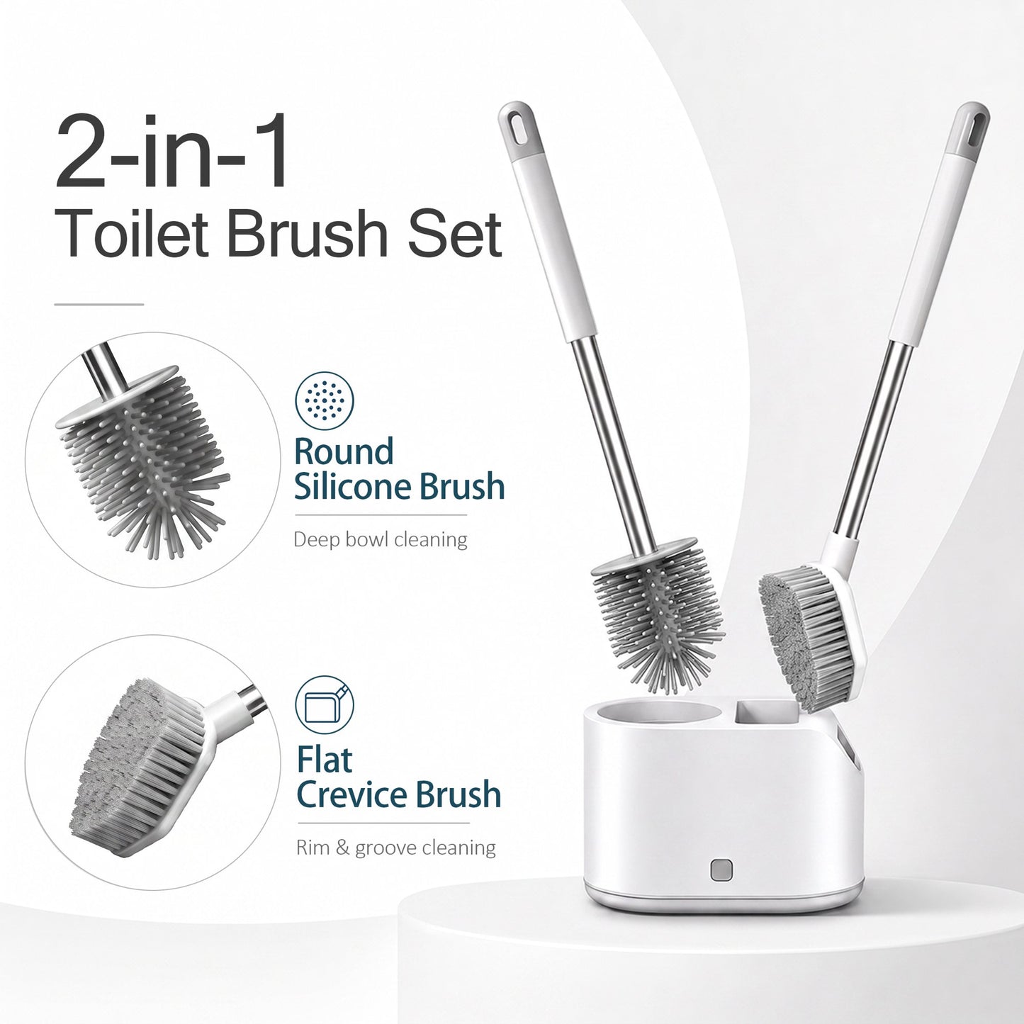 Toilet Brush and Holder Set, 2 Pack Dual Head Toilet Bowl Cleaner Brush with Silicone & Bristle Heads, Deep Cleaning Bathroom Scrubber with Long Handle, Quick Dry Ventilated Caddy for Modern Bathroom