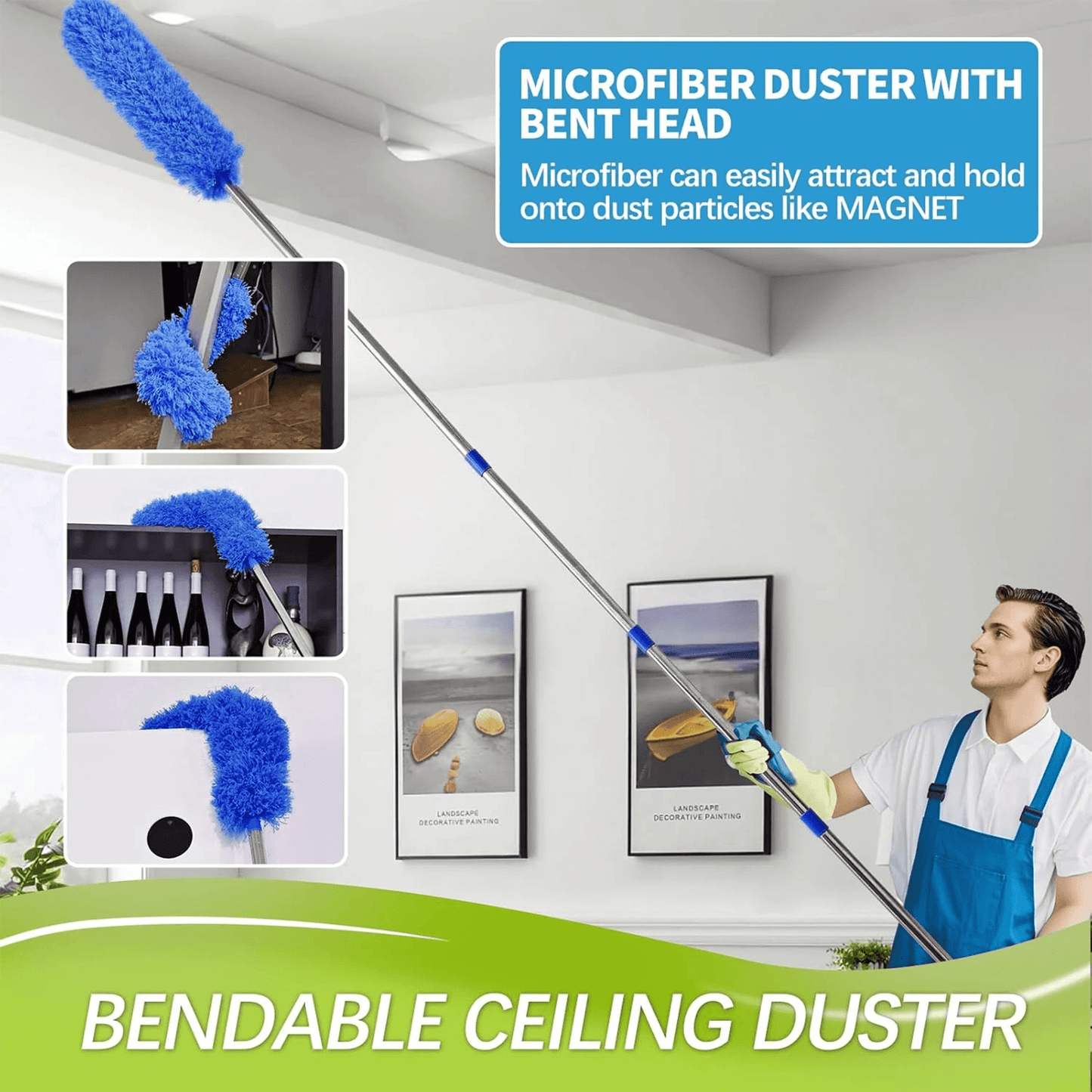 Clnez High Reach Duster Kit with 14 ft Extension Pole High Ceiling Dusting and Window Cleaning Kit with Spliceable Pole - Cobweb Duster, Fan Blade, Window Washer & Squeegee and Feather Dusters